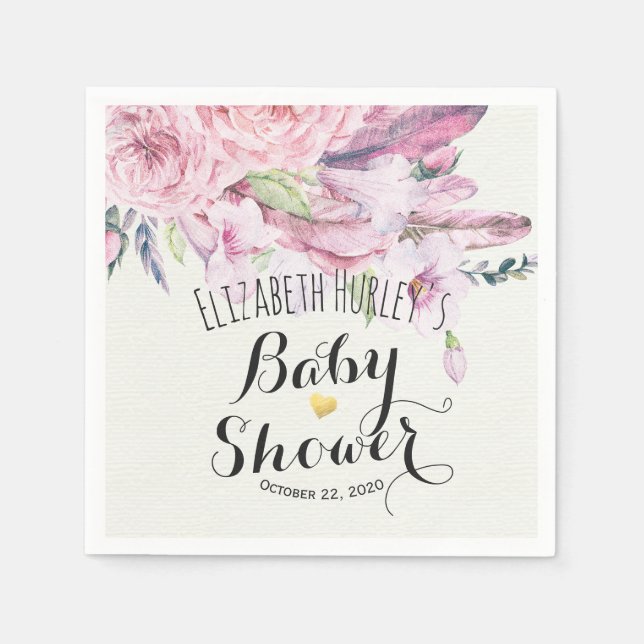 Baby Shower Chic Watercolor Boho Floral Feather Napkins (Front)