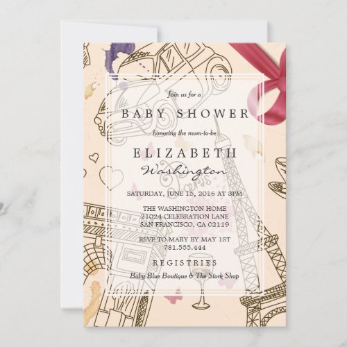 Baby Shower  Chic Whimsical Pink Paris  Bow Invitation