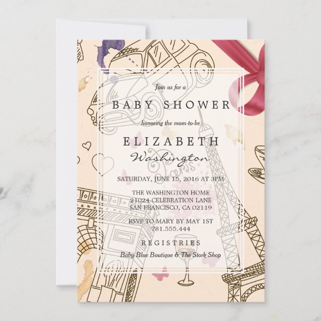 Baby Shower | Chic Whimsical Pink Paris & Bow Invitation (Front)