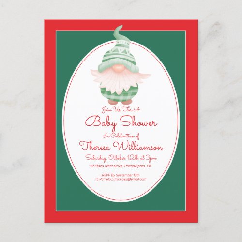 BABY SHOWER  Christmas Gnome Invitation Postcard