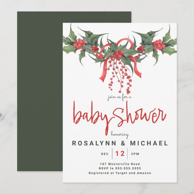 BABY SHOWER | Christmas Holiday Holly Floral Invit Invitation (Front/Back)