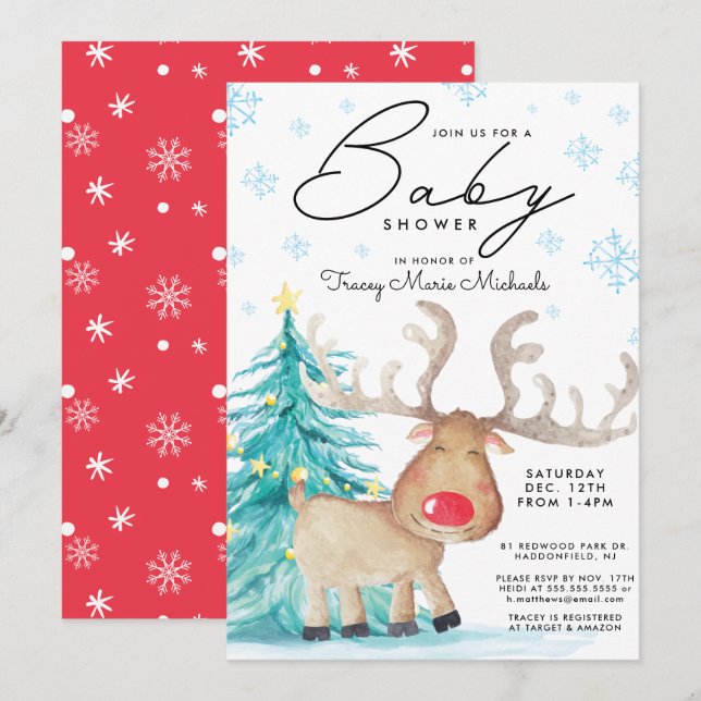 BABY SHOWER | Christmas Watercolor Reindeer Invitation (Front/Back)