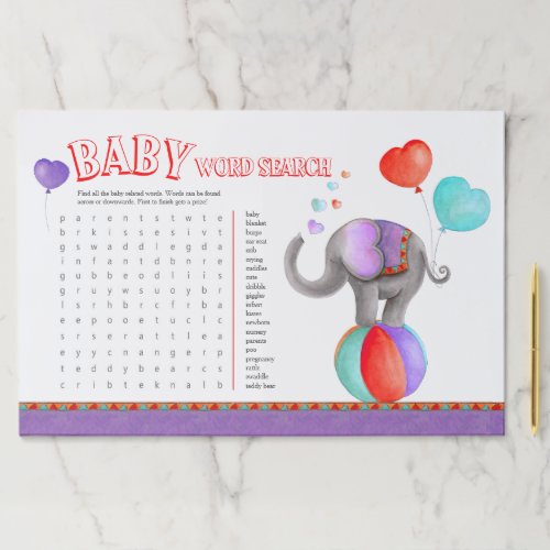 Baby shower circus elephant word search game paper pad