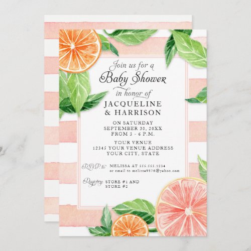 Baby Shower Citrus Pink Grapefruit Watercolor Invitation