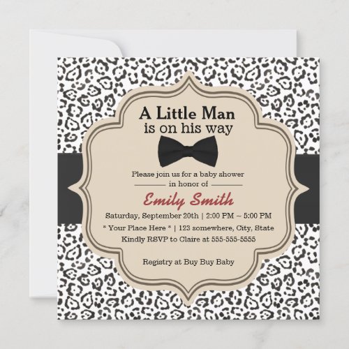 Simple Bow Tie Snow Leopard Print Baby Shower 5.25x5.25 Square Paper Invitation Card