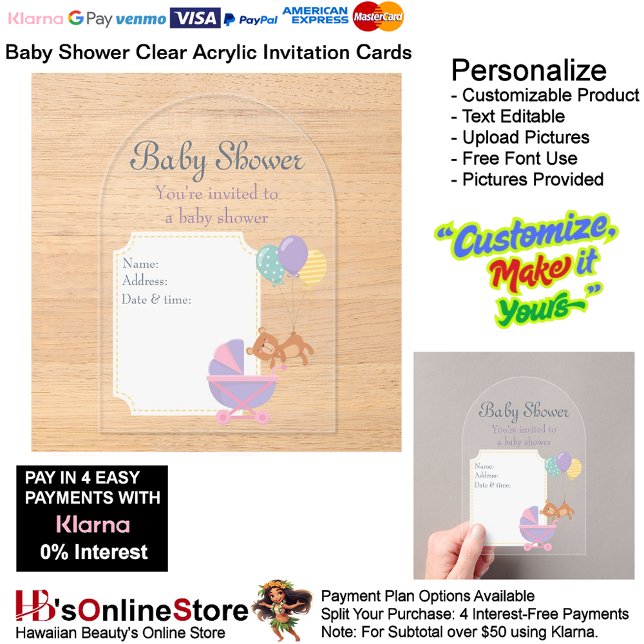 Baby Shower Clear Acrylic Invitation Card 10 (Baby Shower Birth Party Supplies Celebrate Clear Acrylic Invitations 10.)