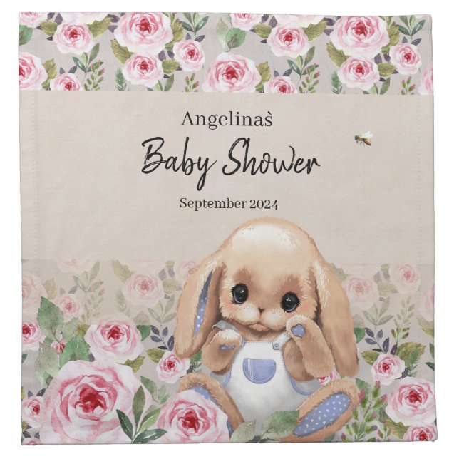 Baby Shower Cloth Napkin with stuffed bunny. (Front)