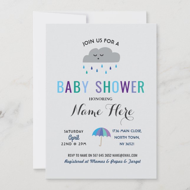 Baby Shower Cloud Sprinkle Rain Cute Umbrella Rain Invitation (Front)