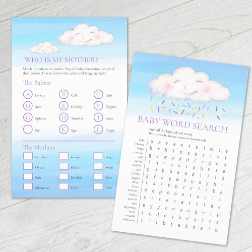 Baby shower clouds word search baby match game  flyer