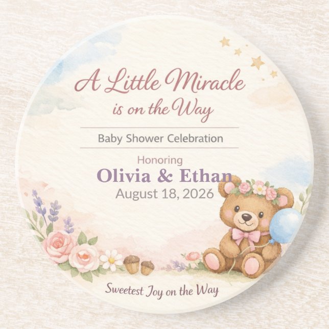 Baby Shower Coasters | Teddy Bear | Little Miracle (Front)