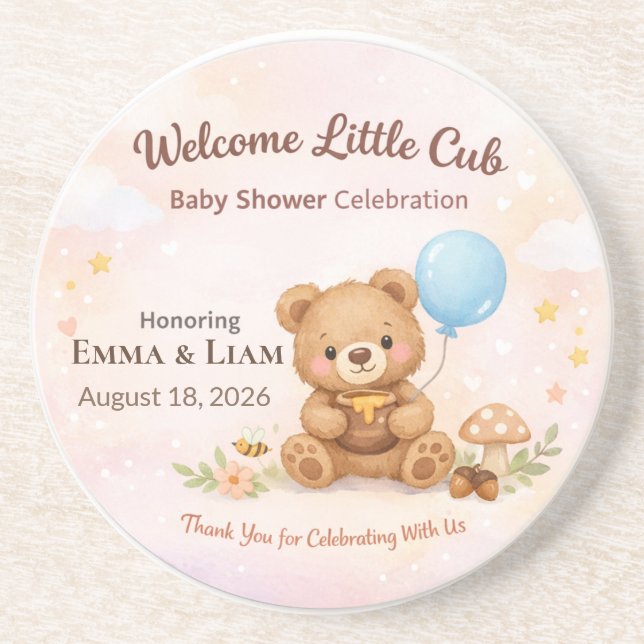 Baby Shower Coasters | Teddy Bear | Pastel Clouds (Front)