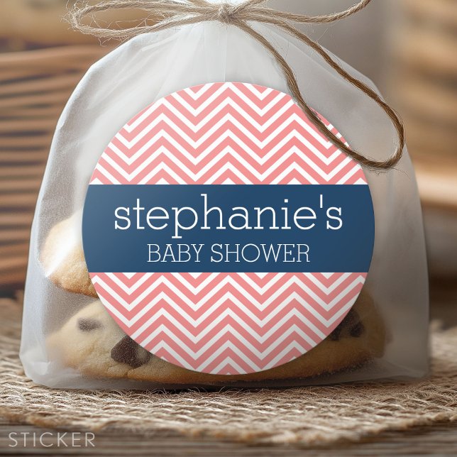Baby Shower Collection - Coral and Navy Chevrons Classic Round Sticker (Custom Sticker for Party Favors and Envelopes)
