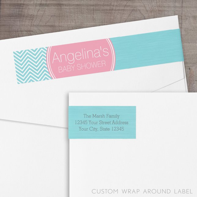 Baby Shower Collection - Pink & Aqua Blue Chevrons Wrap Around Label (Custom Return Address Label with a Wrap Around Feature)
