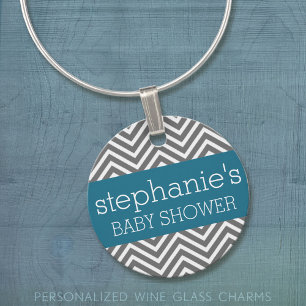 Baby Shower Collection - Teal and Gray Chevrons Wine Glass Charm