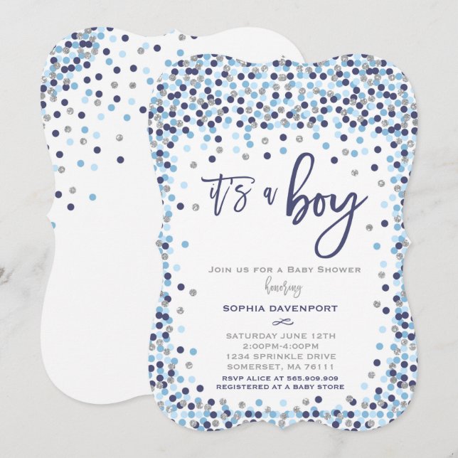 Baby Shower Confetti Invitation Blue And Silver (Front/Back)