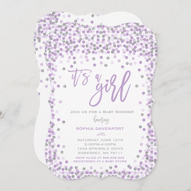 Baby Shower Confetti Invitation Lavender & Silver (Front/Back)