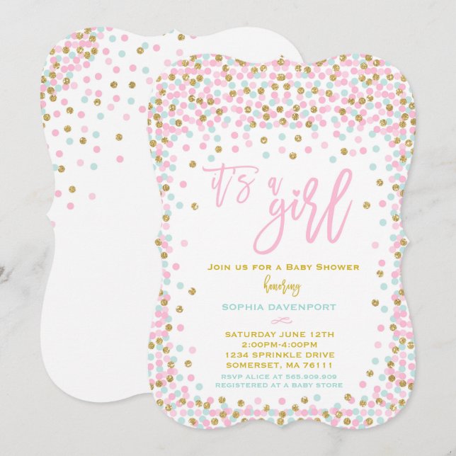 Baby Shower Confetti Invitation Pink Mint And Gold (Front/Back)