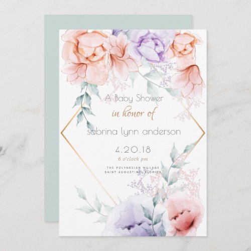 Baby Shower  Coral and Lilac Aquarelle Floral Invitation