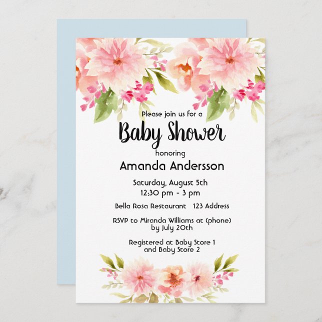 Baby Shower coral peach dahlia flowers blue boy Invitation (Front/Back)