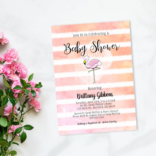 Baby Shower Coral Peach Striped Flamingo Invitation (Creator Uploaded)