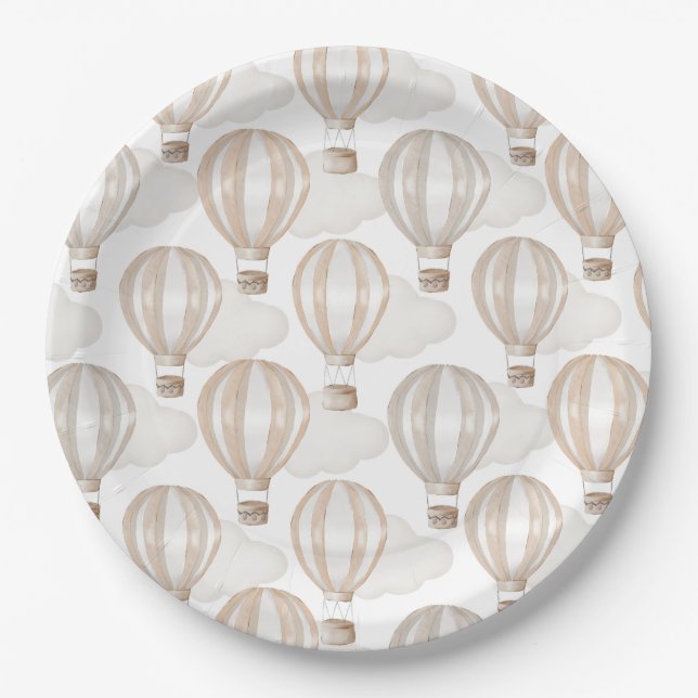 Baby Shower Cream Hot Air Balloons Gender Neutral Paper Plates (Front)