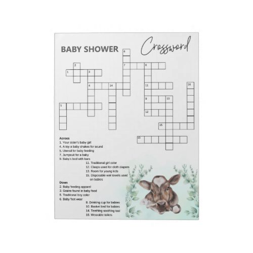 Baby Shower Crossword Cow Calf Game  Notepad