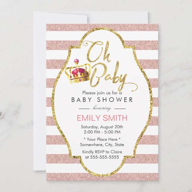 Baby Shower Crown Gold & Pink Modern Stripes Invitation (Front)