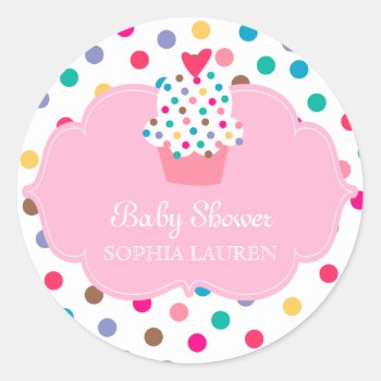 Baby Shower Cupcake Stickers Polka Dot Pink by BabyDelights at Zazzle