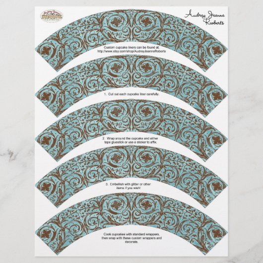 Baby Shower Cupcake Wrappers - Blue Brown Damask (Front)