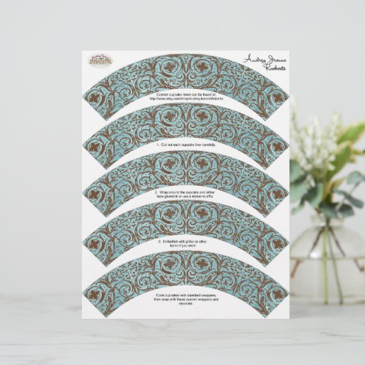 Baby Shower Cupcake Wrappers - Blue Brown Damask (Standing Front)