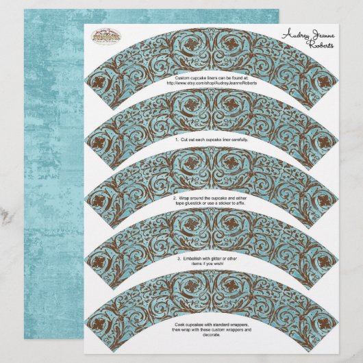 Baby Shower Cupcake Wrappers - Blue Brown Damask (Front/Back)