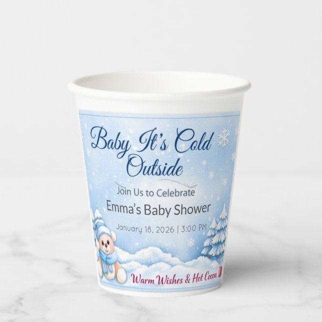 Baby Shower Cups | Winter Teddy Bear Hot Cocoa (Front)