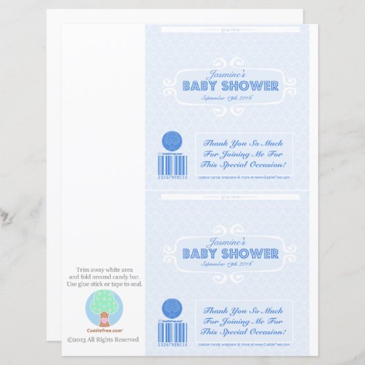 Baby Shower Custom Candy Bar Wrappers Blue (Front/Back)