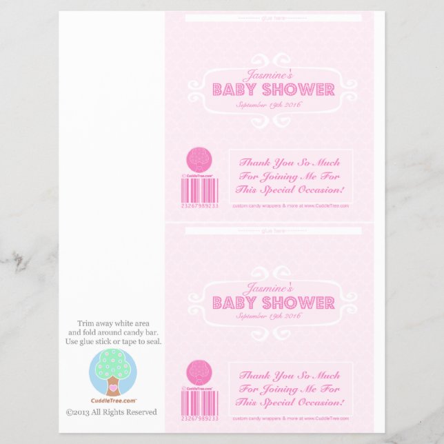 Baby Shower Custom Candy Bar Wrappers Pink (Front)