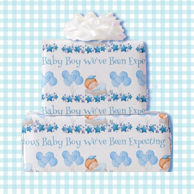 Baby Shower Custom Text Boy Blue Balloons Gift  Wrapping Paper (Creator Uploaded)