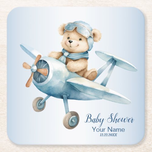 Baby Shower Cute Baby Bear Pilot Blue Airplane Square Paper Coaster