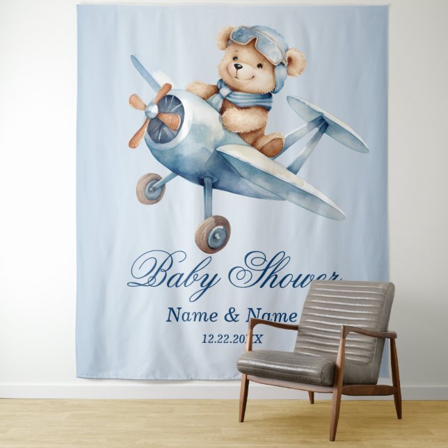 Baby Shower Cute Baby Bear Pilot Blue Airplane Tapestry (In Situ)