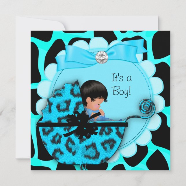 Baby Shower Cute Baby Boy Blue Leopard Pram Invitation (Front)