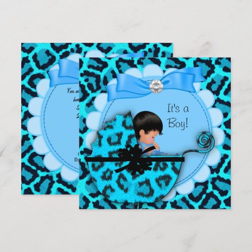 Baby Shower Cute Baby Boy Blue Leopard Pram Invitations