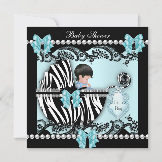 Baby Shower Cute Baby Boy Blue Zebra Lace Invitation (Front)