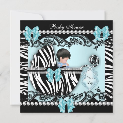 Baby Shower Cute Baby Boy Blue Zebra Lace Invitation