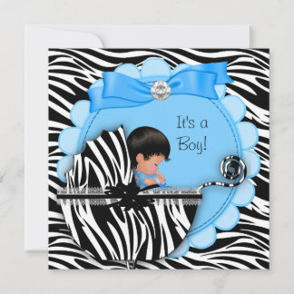 Baby Shower Cute Baby Boy Blue Zebra Pram Invitation