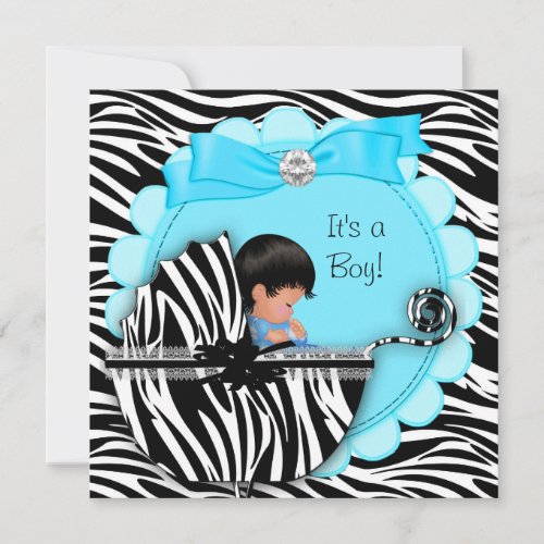 Baby Shower Cute Baby Boy Blue Zebra Pram Announcements