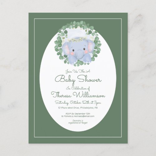 Baby Shower  Cute Baby Elephant Invitation Postca Postcard