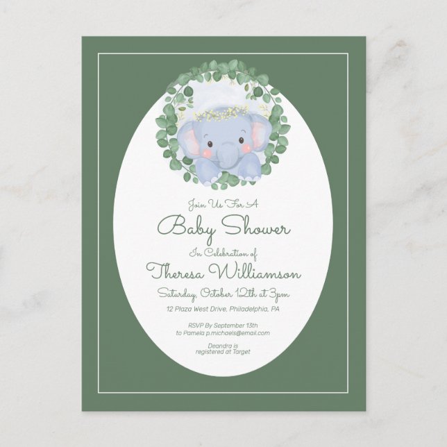 Baby Shower | Cute Baby Elephant Invitation Postca Postcard (Front)