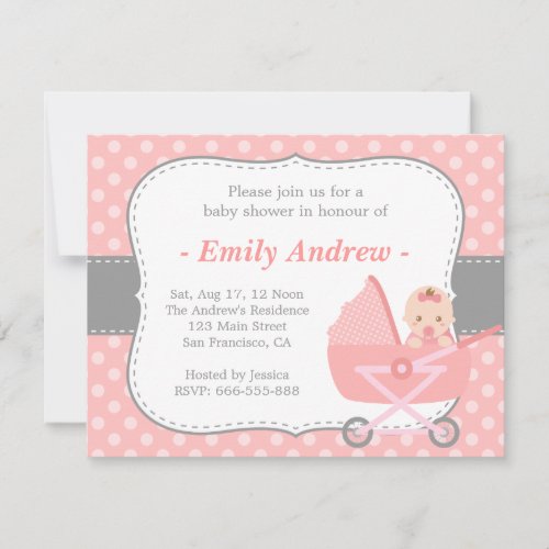 Baby Shower - Cute Baby Girl in Stroller Announcements