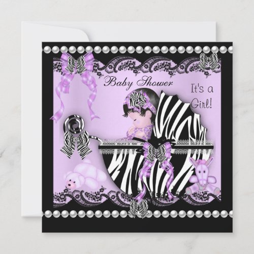 Baby Shower Cute Baby Girl Lilac Zebra Lace Invitation