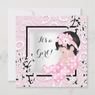Baby Shower Cute Baby Girl Pink Blossom Lace C Invitation