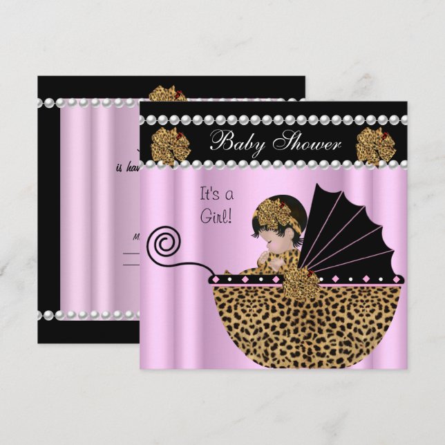 Baby Shower Cute Baby Girl Pink Leopard Bow Invitation (Front/Back)