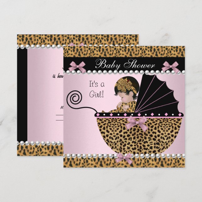 Baby Shower Cute Baby Girl Pink Leopard Bow Invitation (Front/Back)